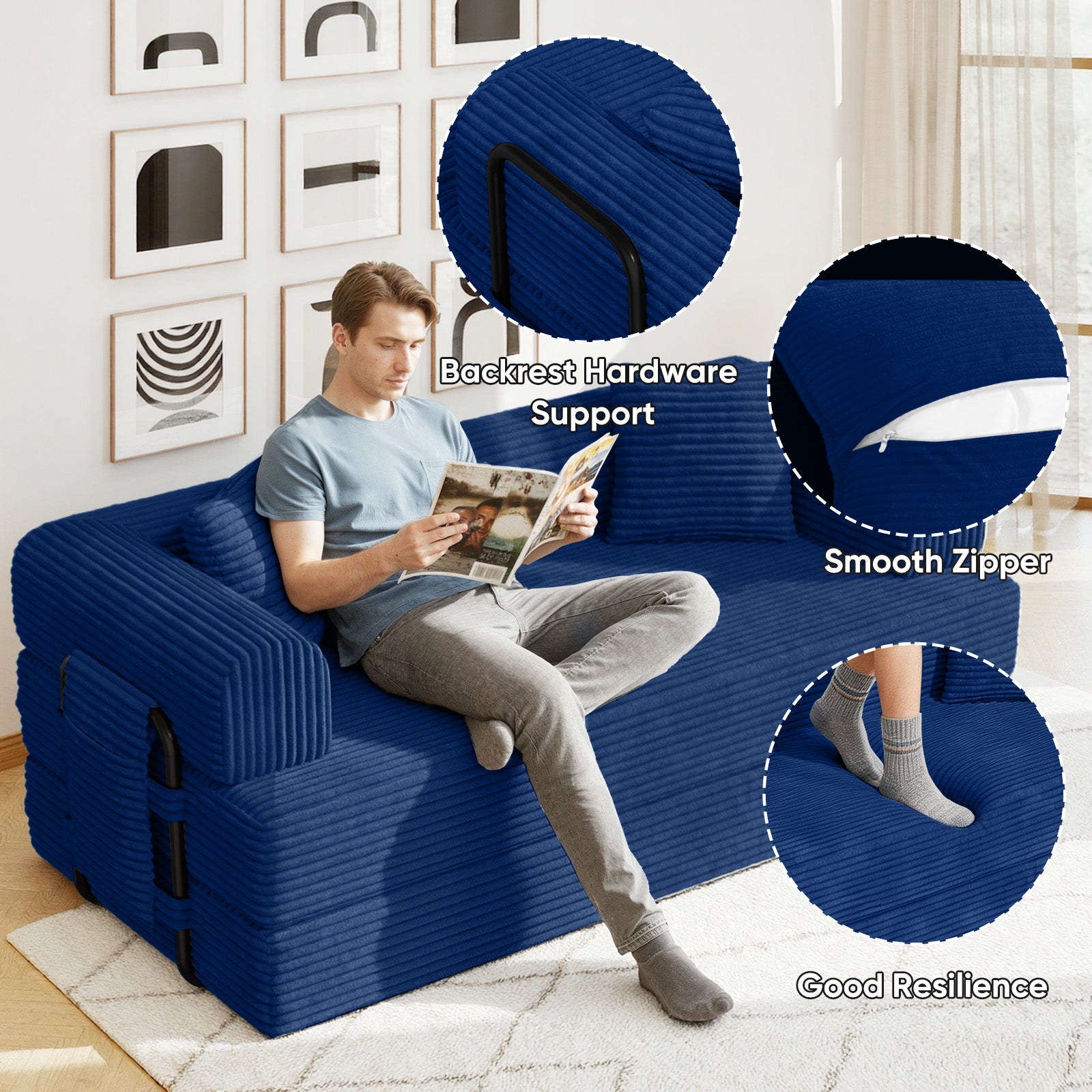 Daluvenix 4-in-1 Folding Convertible Sofa Bed 81 Inch Oversized Corduroy Upholstered Boneless Couch Loveseat Sleeper with Pull Out Bed