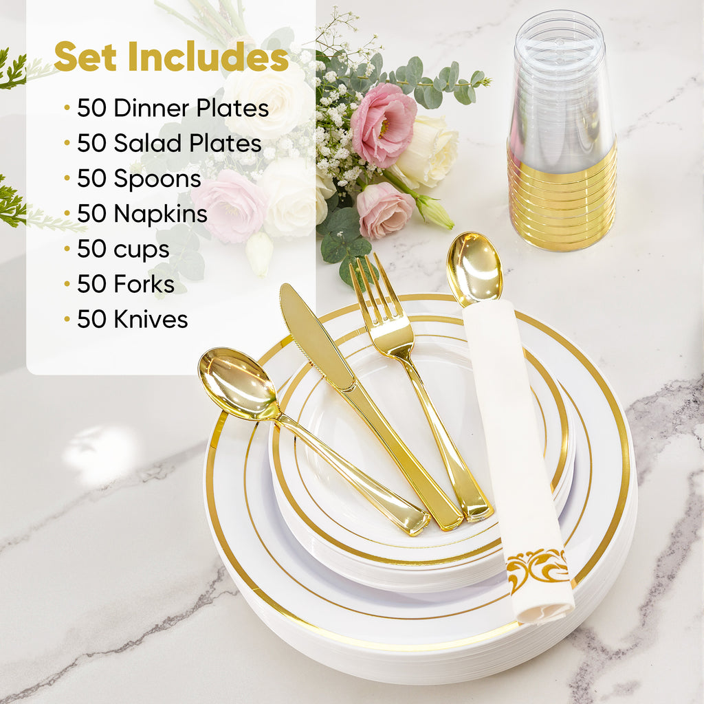 Daluvenix Gold Plastic Dinnerware Set for 50 Guests, Silver Plastic Plates for Party, 50 Disposable Plates, 50 Dessert Plates, 50 Napkins with Silverware, 50 Cups