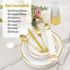 Daluvenix Gold Plastic Dinnerware Set for 50 Guests, Silver Plastic Plates for Party, 50 Disposable Plates, 50 Dessert Plates, 50 Napkins with Silverware, 50 Cups