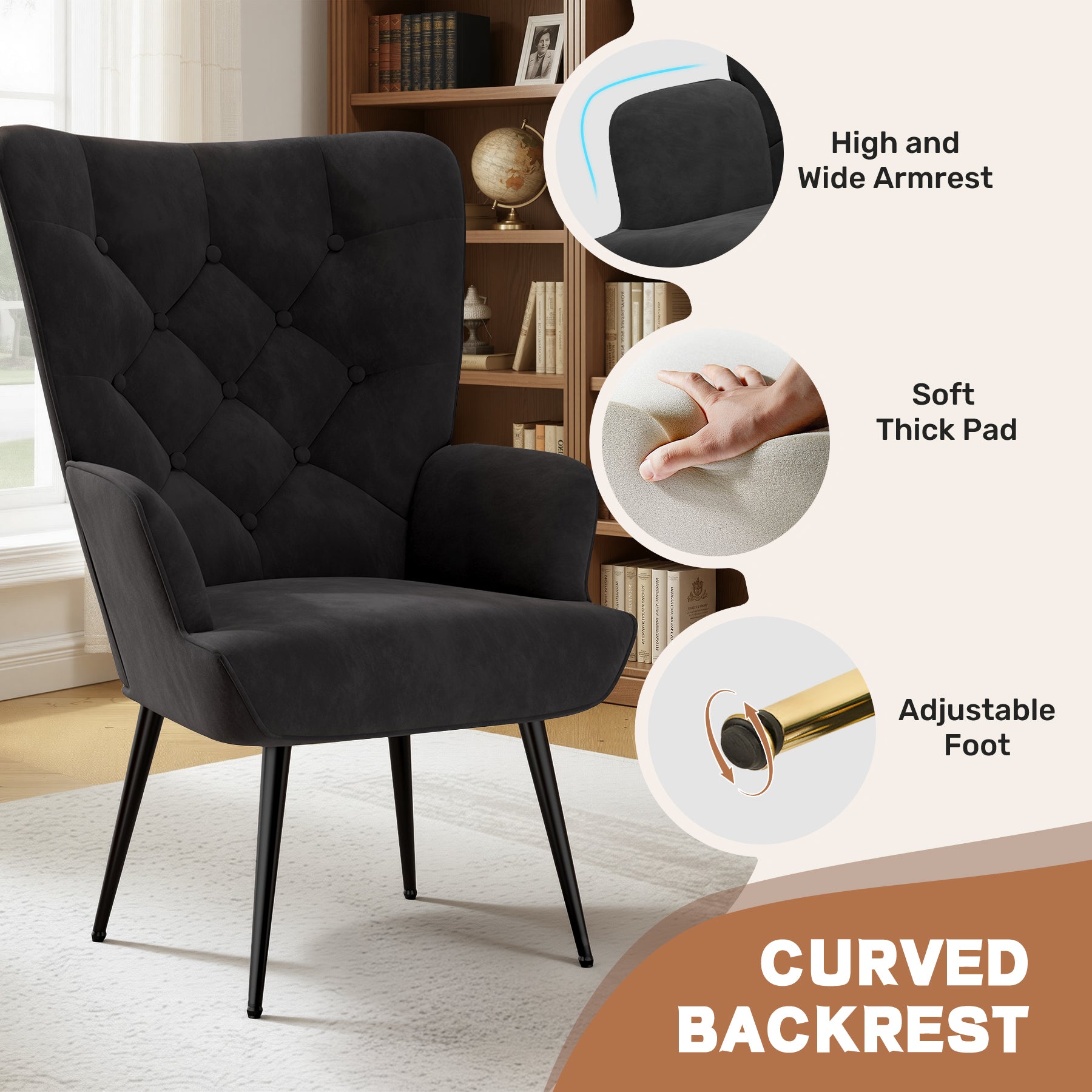 Daluvenix Adjustable Legs Accent Chair, Velvet/Leather Upholstery, High Wide Armrest & Thick Pad, 300LBS Weight Capacity Single Sofa