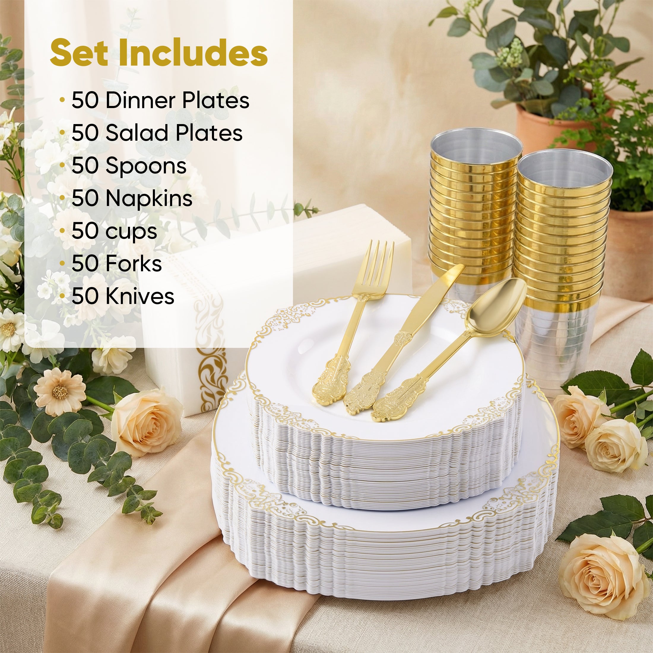 Daluvenix 350 Pcs Gold Plastic Dinnerware Set for 50 Guests, Disposable Dinnerware Sets Include 100 Sliver Rim Plastic Plates, 50 Silverwares, 50 Cups, and 50 Napkins for Party, Wedding, Holidays