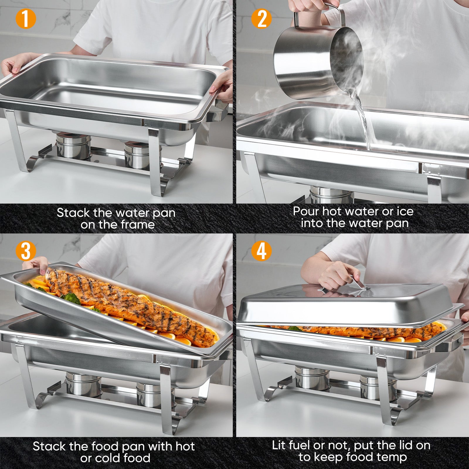 Daluvenix 4 Pack Chafing Dish Full Set 8QT Stainless Steel Rectangular Catering Chafer