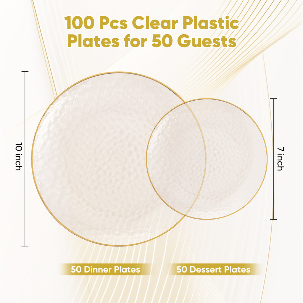 Daluvenix 100/200 Pcs Gold Plastic Plates for 50 Guests, Clear Gold Rimmed Disposable Dinnerware Set, Hammer Pattern Design & Heavy-duty Fancy Disposable Plate Ideal for Party, Wedding and Graduation