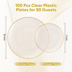 Daluvenix 100/200 Pcs Gold Plastic Plates for 50 Guests, Clear Gold Rimmed Disposable Dinnerware Set, Hammer Pattern Design & Heavy-duty Fancy Disposable Plate Ideal for Party, Wedding and Graduation