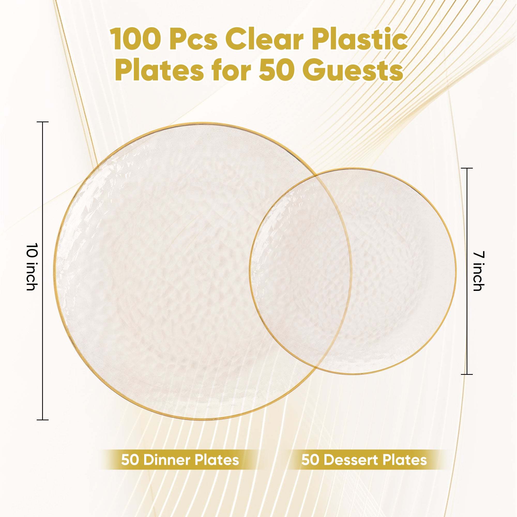 Daluvenix 100/200 Pcs Gold Plastic Plates for 50 Guests, Clear Gold Rimmed Disposable Dinnerware Set, Hammer Pattern Design & Heavy-duty Fancy Disposable Plate Ideal for Party, Wedding and Graduation