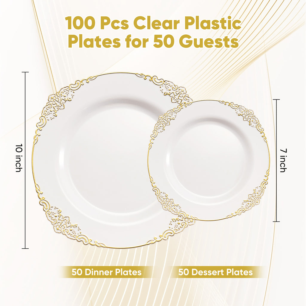Daluvenix 100 Pcs Gold Plastic Plates for 50 Guests, White and Gold / Rose Gold Disposable Plates, Vintage Disposable Dinnerware for Party, Wedding and Graduation