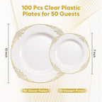 Daluvenix 100 Pcs Gold Plastic Plates for 50 Guests, White and Gold / Rose Gold Disposable Plates, Vintage Disposable Dinnerware for Party, Wedding and Graduation