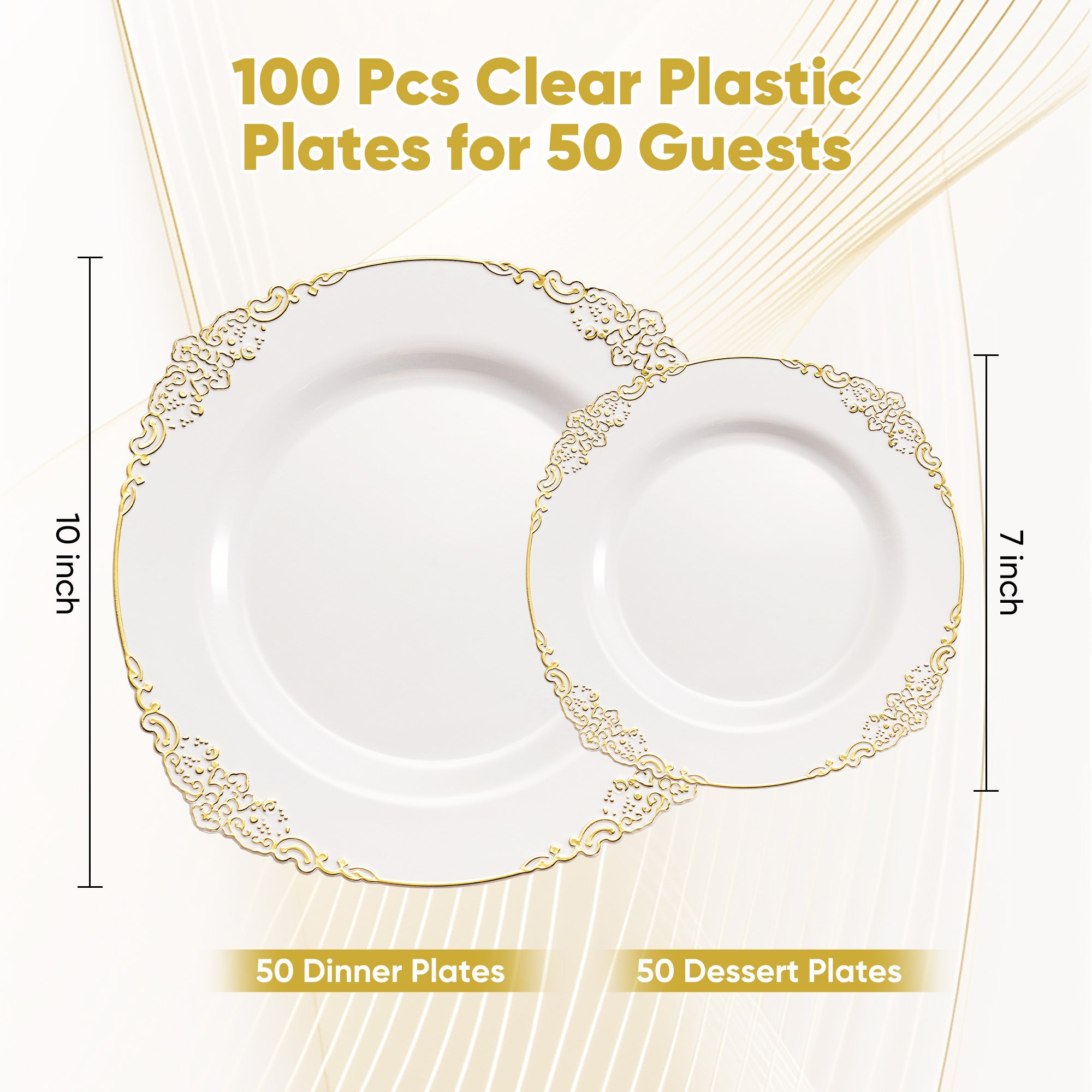 Daluvenix 100 Pcs Gold Plastic Plates for 50 Guests, White and Gold / Rose Gold Disposable Plates, Vintage Disposable Dinnerware for Party, Wedding and Graduation