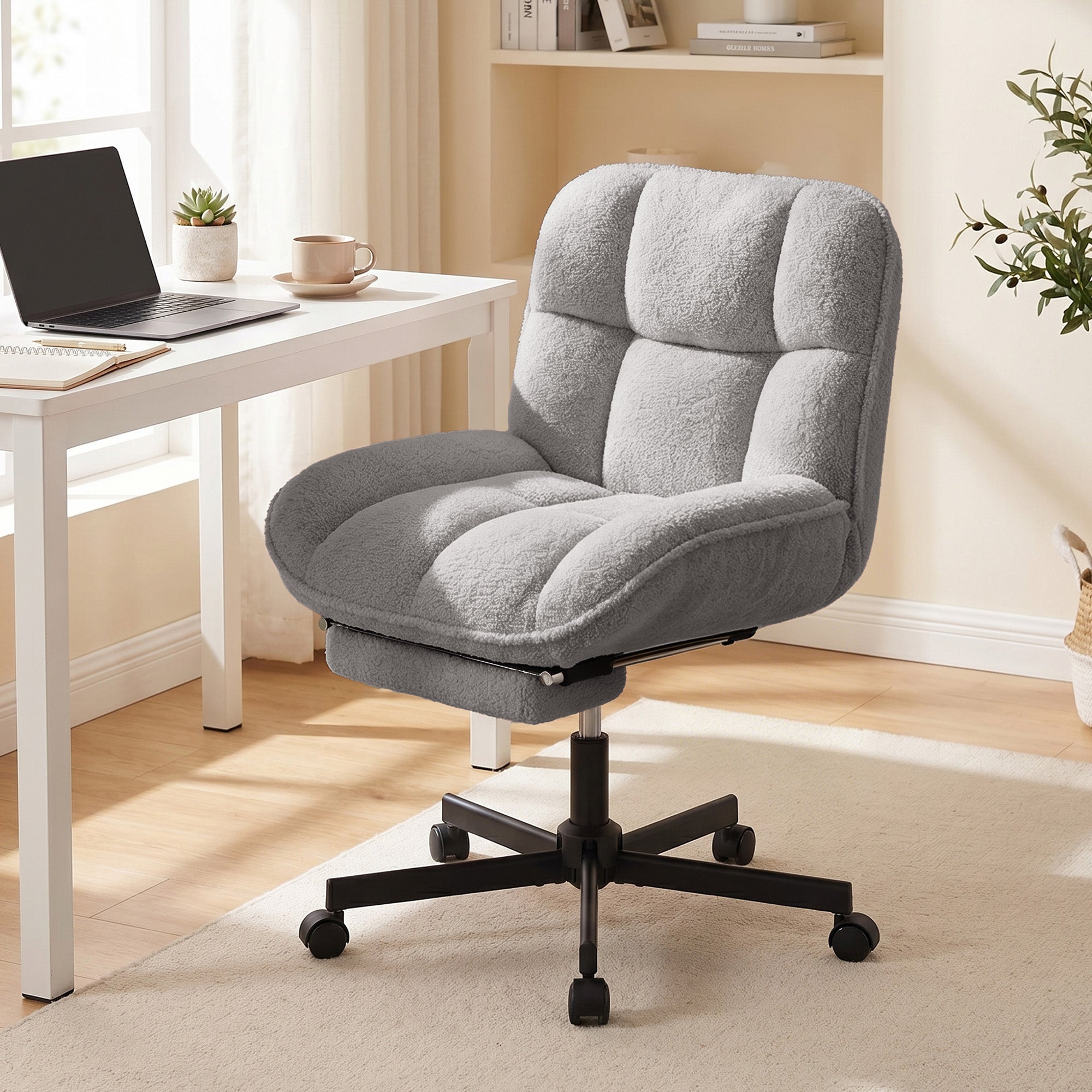 Daluvenix Office Chair, Ergonomic Extra Wide Big Desk Chair with Retractable Footrest, Height Adjustable Swivel Teddy Fleece Mid Back Home Chair with Wheels