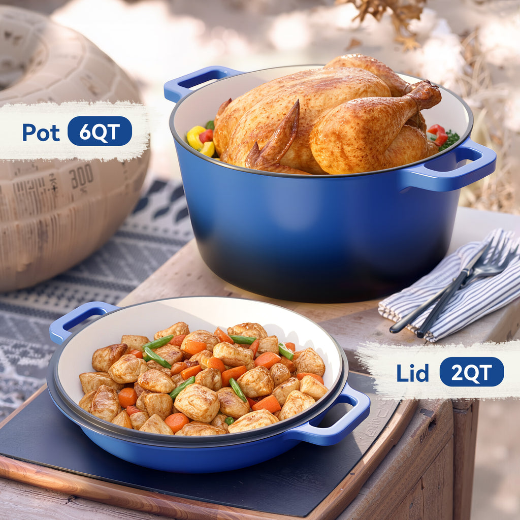 Daluvenix 2 in 1 Cast Iron Dutch Oven Pot with Skillet Lid, 6+2qt Pre-Seasoned Multipurpose Cookware for baking, braising, and stewing