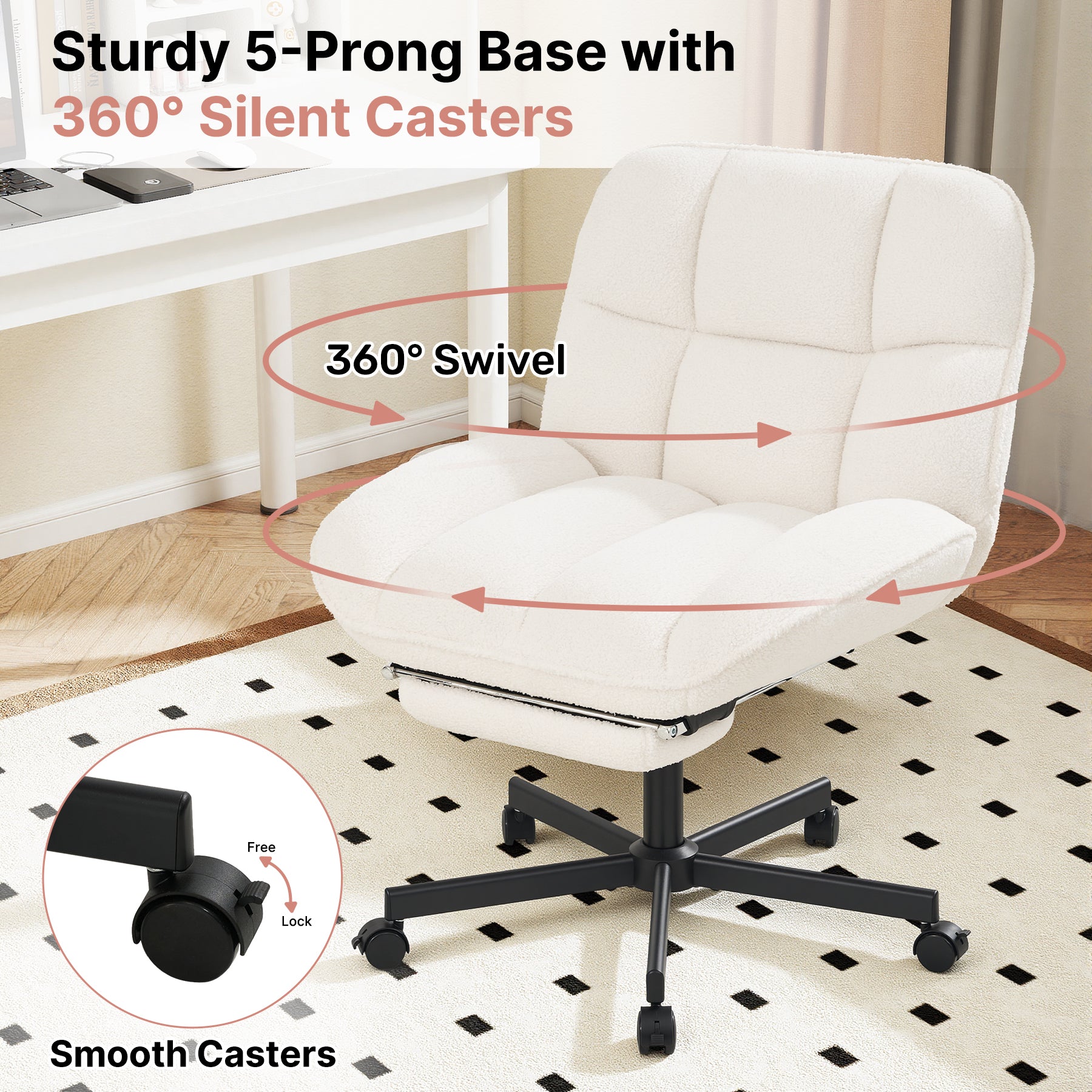 Daluvenix Office Chair, Ergonomic Extra Wide Big Desk Chair with Retractable Footrest, Height Adjustable Swivel Teddy Fleece Mid Back Home Chair with Wheels