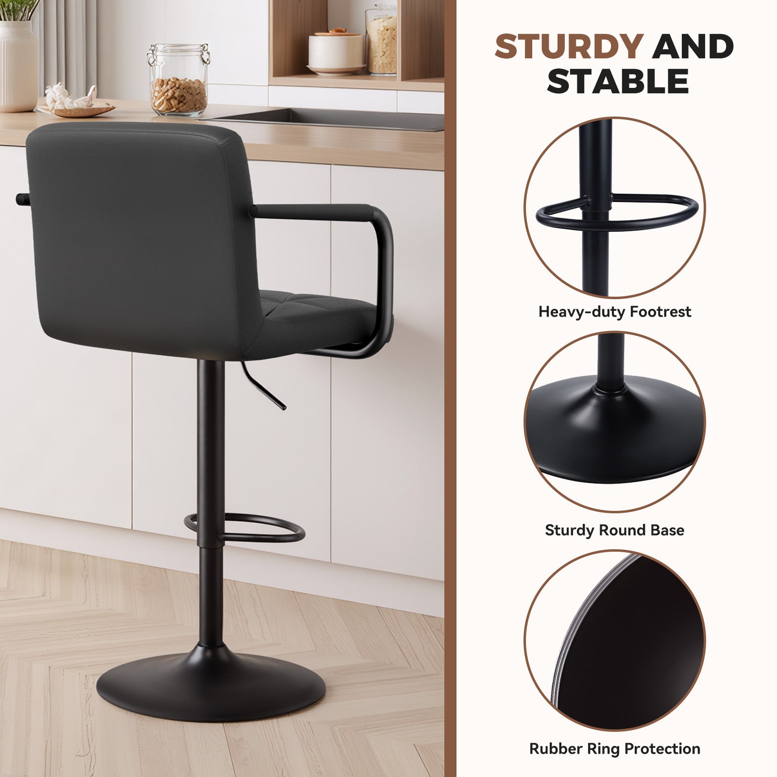 Daluvenix Bar Stools Set of 2 Black PU Leather Adjustable Swivel Barstools