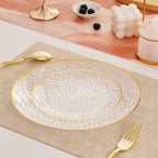 Daluvenix 100/200 Pcs Gold Plastic Plates for 50 Guests, Clear Gold Rimmed Disposable Dinnerware Set, Hammer Pattern Design & Heavy-duty Fancy Disposable Plate Ideal for Party, Wedding and Graduation