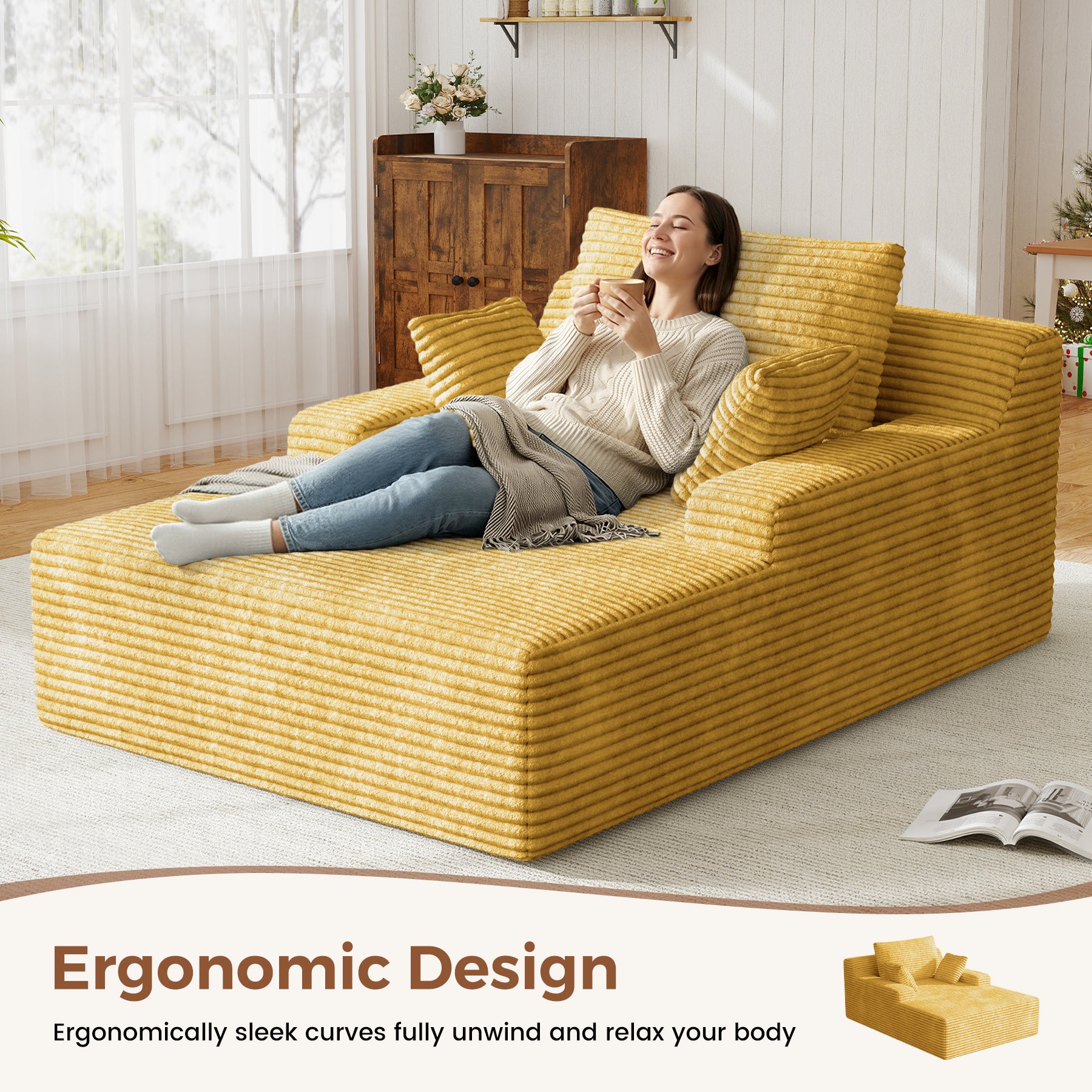Daluvenix 51 Inch Chaise Lounge Chair Indoor Oversized Corduroy Upholstered Boneless Sofa Bed