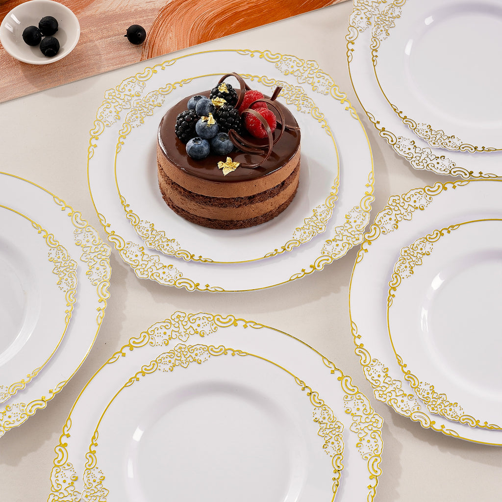 Daluvenix 100 Pcs Gold Plastic Plates for 50 Guests, White and Gold / Rose Gold Disposable Plates, Vintage Disposable Dinnerware for Party, Wedding and Graduation