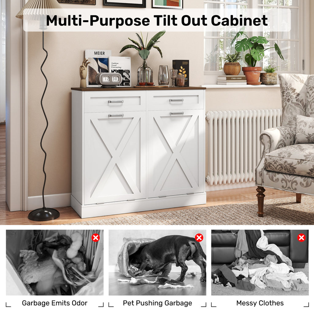 Daluvenix Double Tilt Out Trash Can Cabinet for 2 Bins,Hidden Trash Bin Storage Cabinet with Hideaway Drawers,Pet Proof Trash Can Holder for 2 x 10 Gallon , Kitchen, Dining Room, Living Room