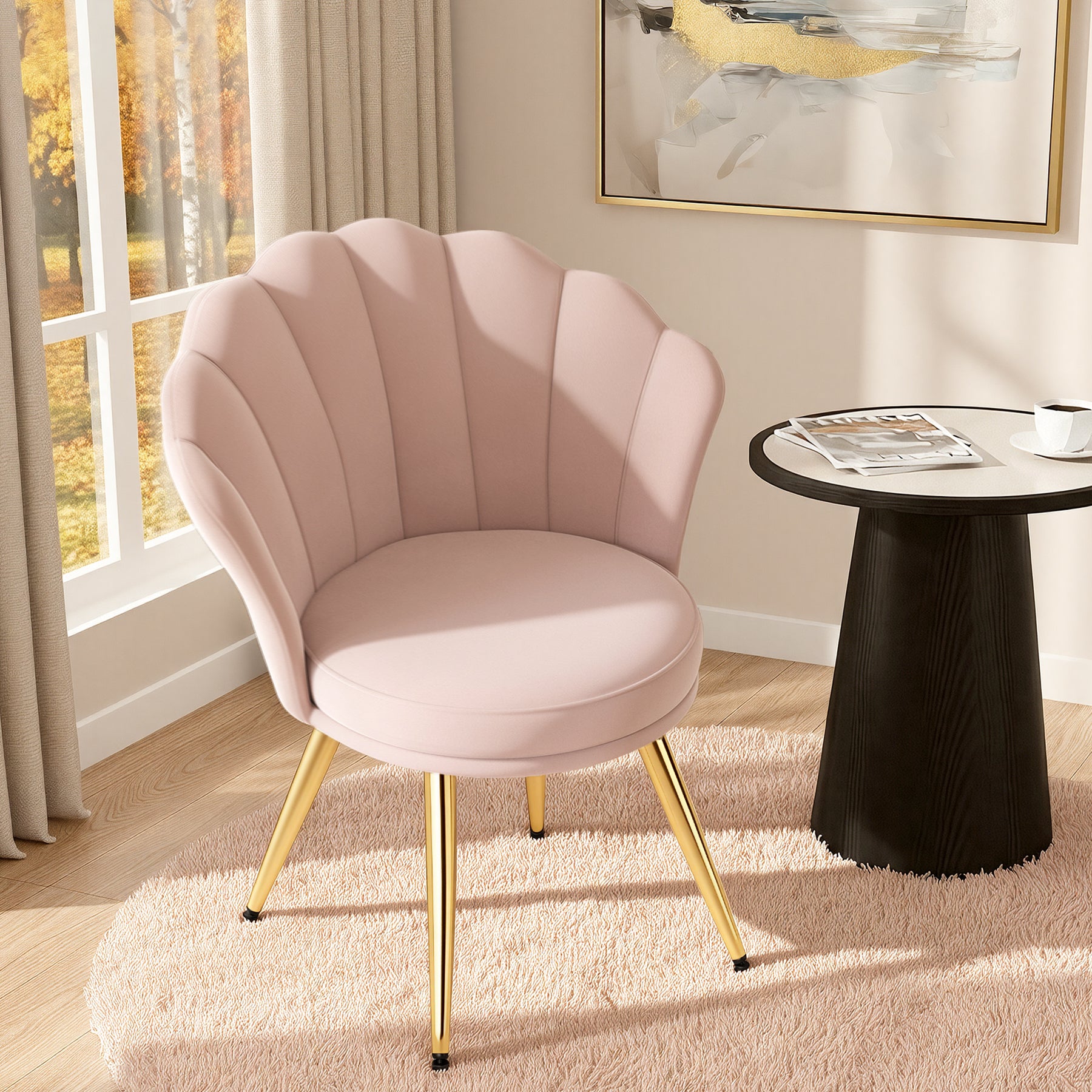 Daluvenix Velvet Accent Chair with Gold Metal Legs, Shell Design Vanity Makeup Chair for Living room, Modern Upholstered Guest Chair