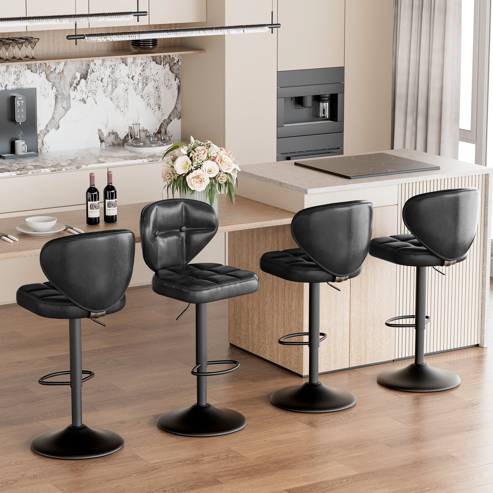 Daluvenix Adjustable Swivel Bar Stools Set of 2 with Backrest, Mid-Century PU Leather Upholstered Bar Chairs for Kitchen Island, 21.65"-31.5" Seat Height
