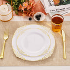 Daluvenix 100 Pcs Gold Plastic Plates for 50 Guests, White and Gold / Rose Gold Disposable Plates, Vintage Disposable Dinnerware for Party, Wedding and Graduation