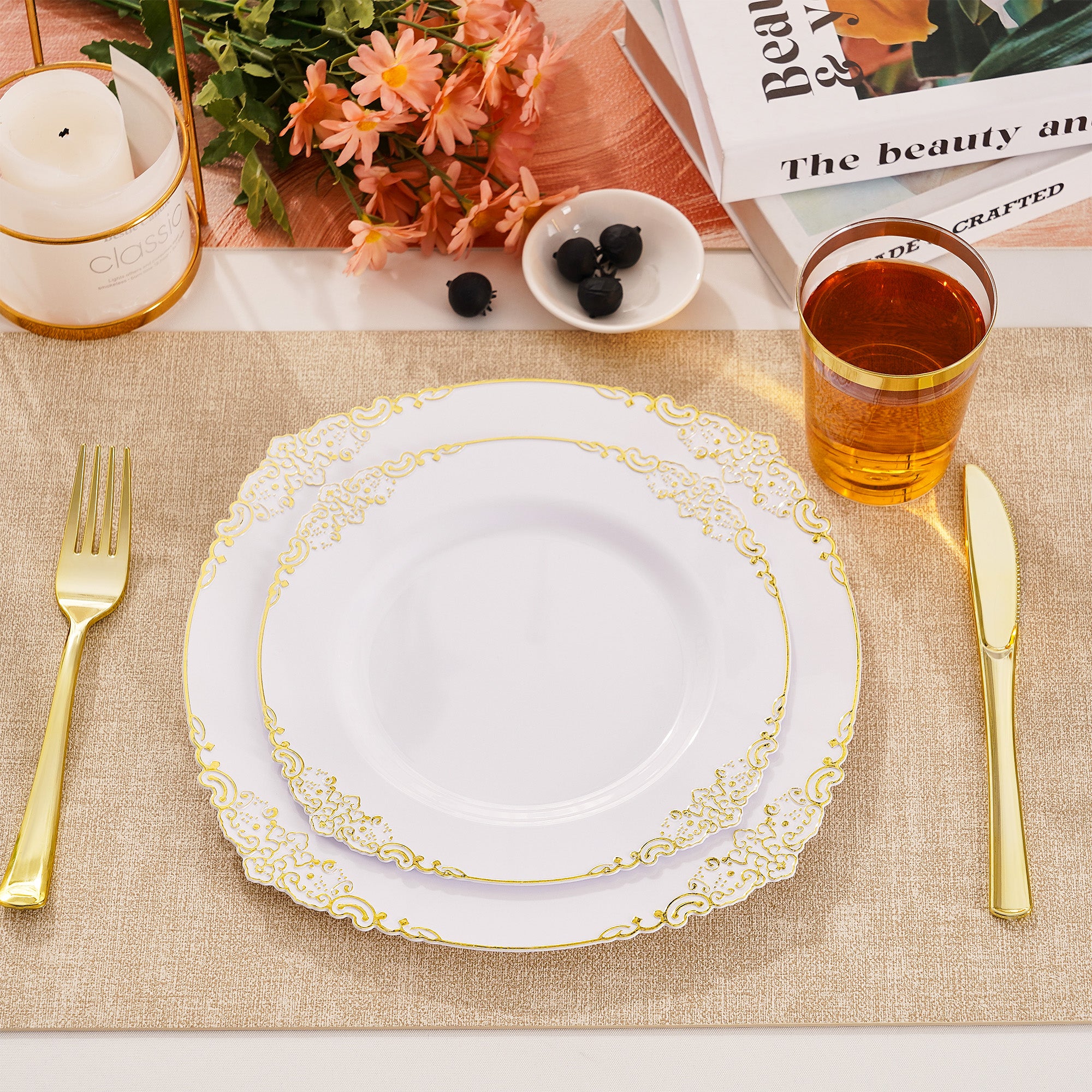 Daluvenix 100 Pcs Gold Plastic Plates for 50 Guests, White and Gold / Rose Gold Disposable Plates, Vintage Disposable Dinnerware for Party, Wedding and Graduation