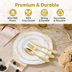 Daluvenix 350 Pcs Gold Plastic Dinnerware Set for 50 Guests, Disposable Dinnerware Sets Include 100 Sliver Rim Plastic Plates, 50 Silverwares, 50 Cups, and 50 Napkins for Party, Wedding, Holidays