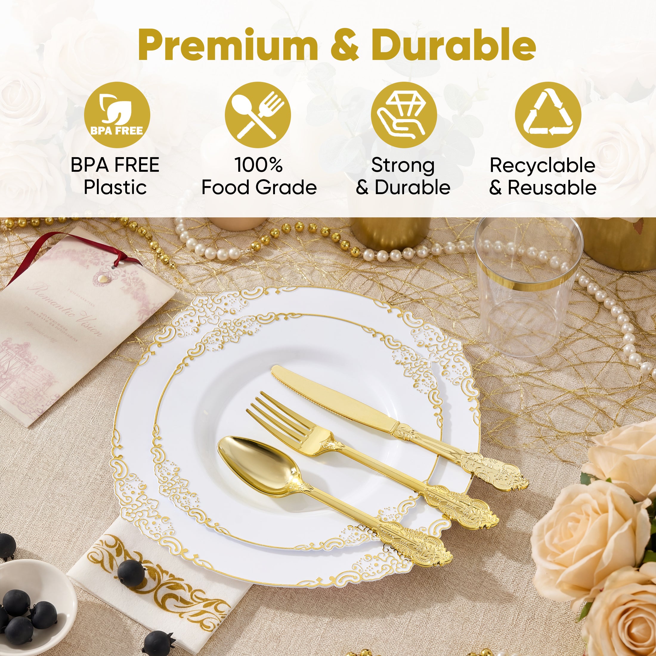 Daluvenix 350 Pcs Gold Plastic Dinnerware Set for 50 Guests, Disposable Dinnerware Sets Include 100 Sliver Rim Plastic Plates, 50 Silverwares, 50 Cups, and 50 Napkins for Party, Wedding, Holidays