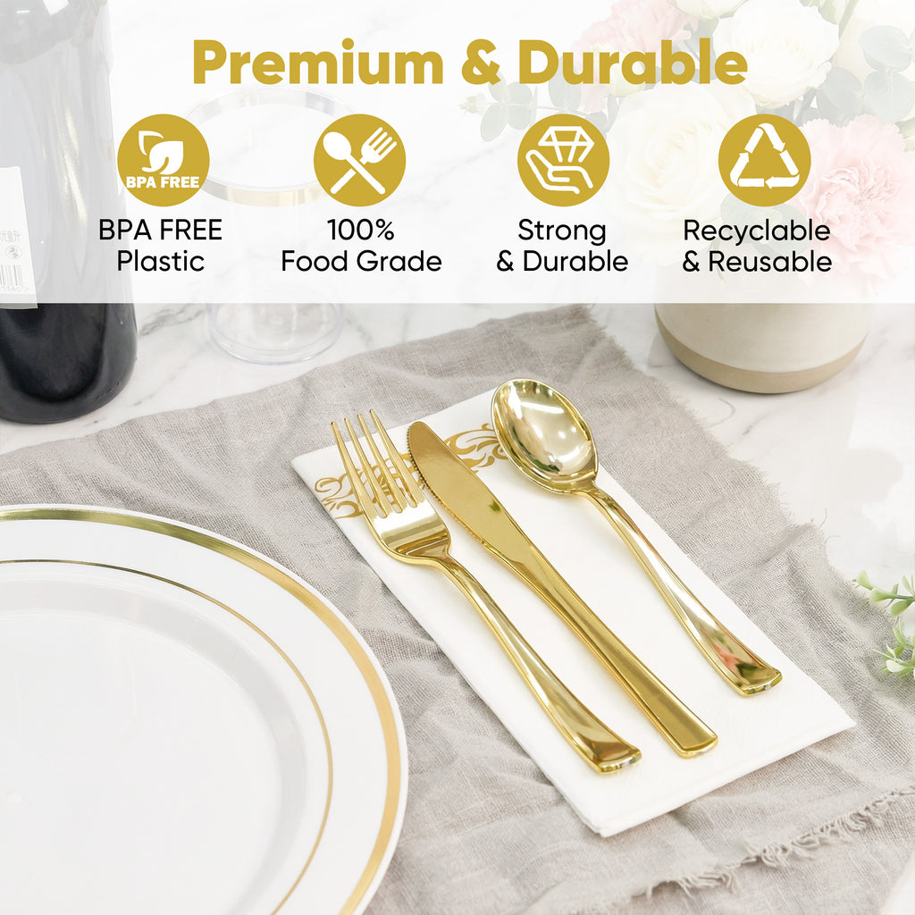 Daluvenix Gold Plastic Dinnerware Set for 50 Guests, Silver Plastic Plates for Party, 50 Disposable Plates, 50 Dessert Plates, 50 Napkins with Silverware, 50 Cups