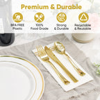 Daluvenix Gold Plastic Dinnerware Set for 50 Guests, Silver Plastic Plates for Party, 50 Disposable Plates, 50 Dessert Plates, 50 Napkins with Silverware, 50 Cups