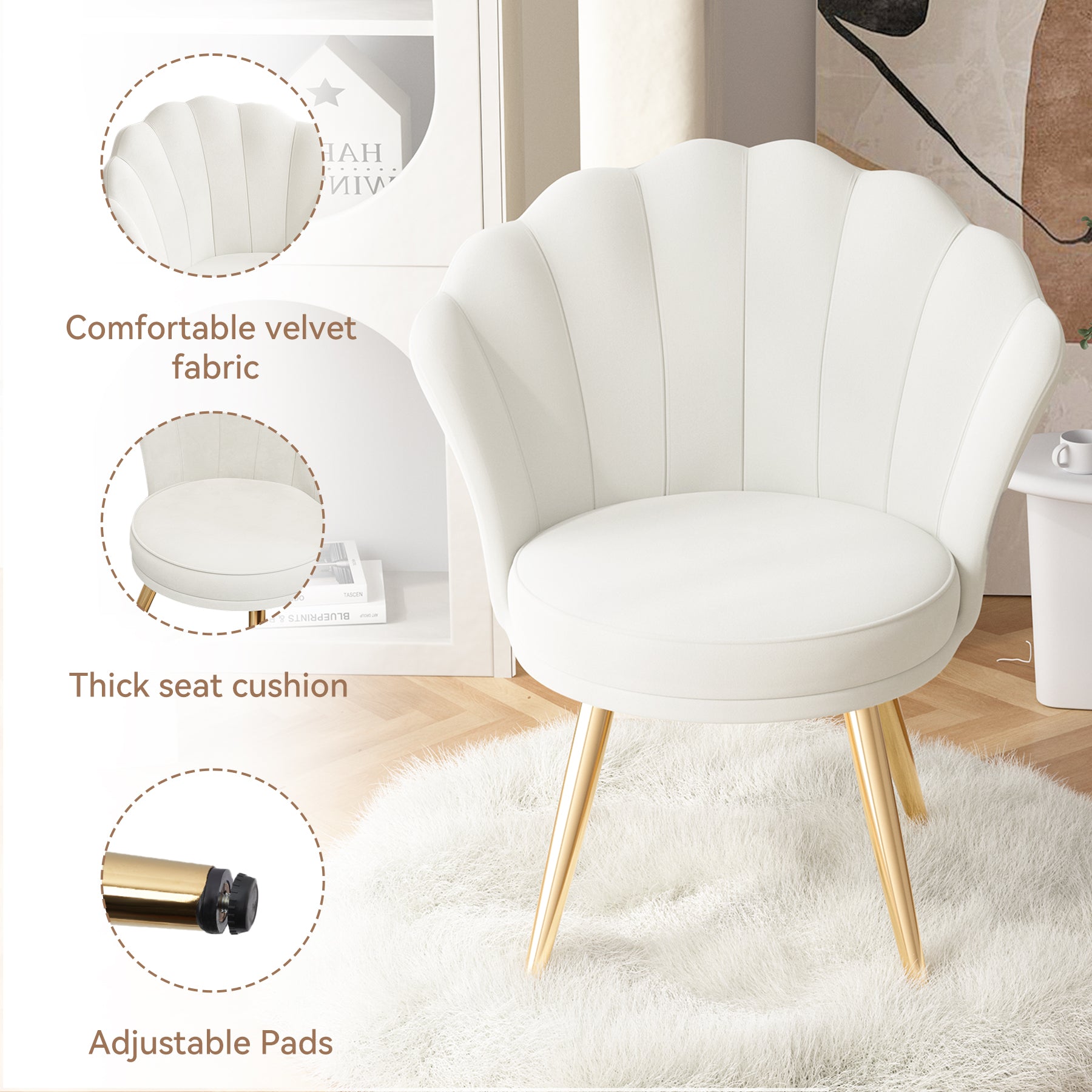 Daluvenix Velvet Accent Chair with Gold Metal Legs, Shell Design Vanity Makeup Chair for Living room, Modern Upholstered Guest Chair