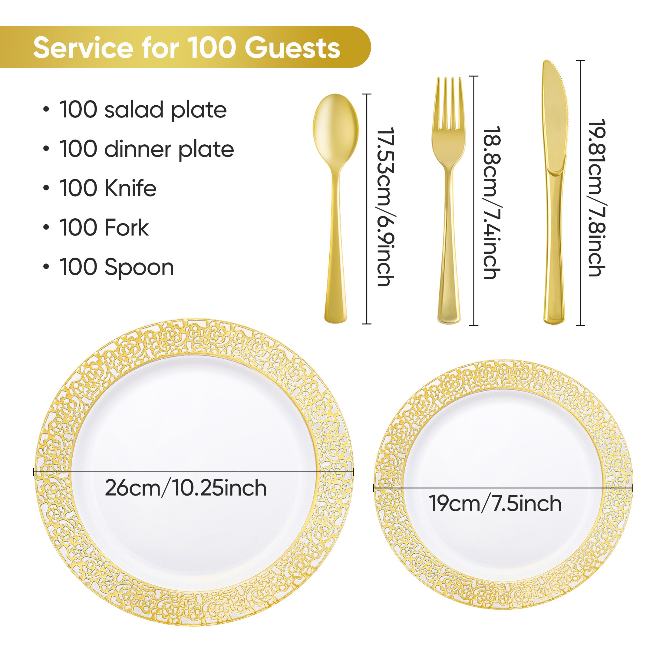 Daluvenix 350 Pcs Gold Dinnerware Set, Gold Plastic Plates with Gold Lace Rim Design, Gold Disposable Dinnerware Set for Wedding, Party and Graduation