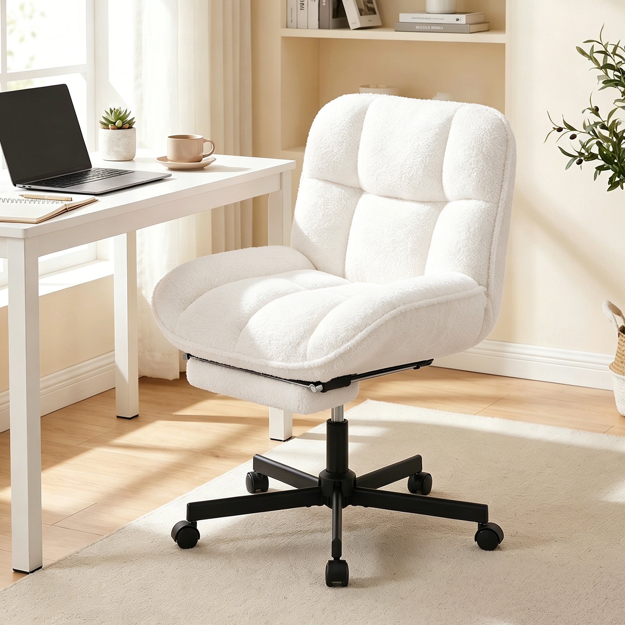 Daluvenix Office Chair, Ergonomic Extra Wide Big Desk Chair with Retractable Footrest, Height Adjustable Swivel Teddy Fleece Mid Back Home Chair with Wheels